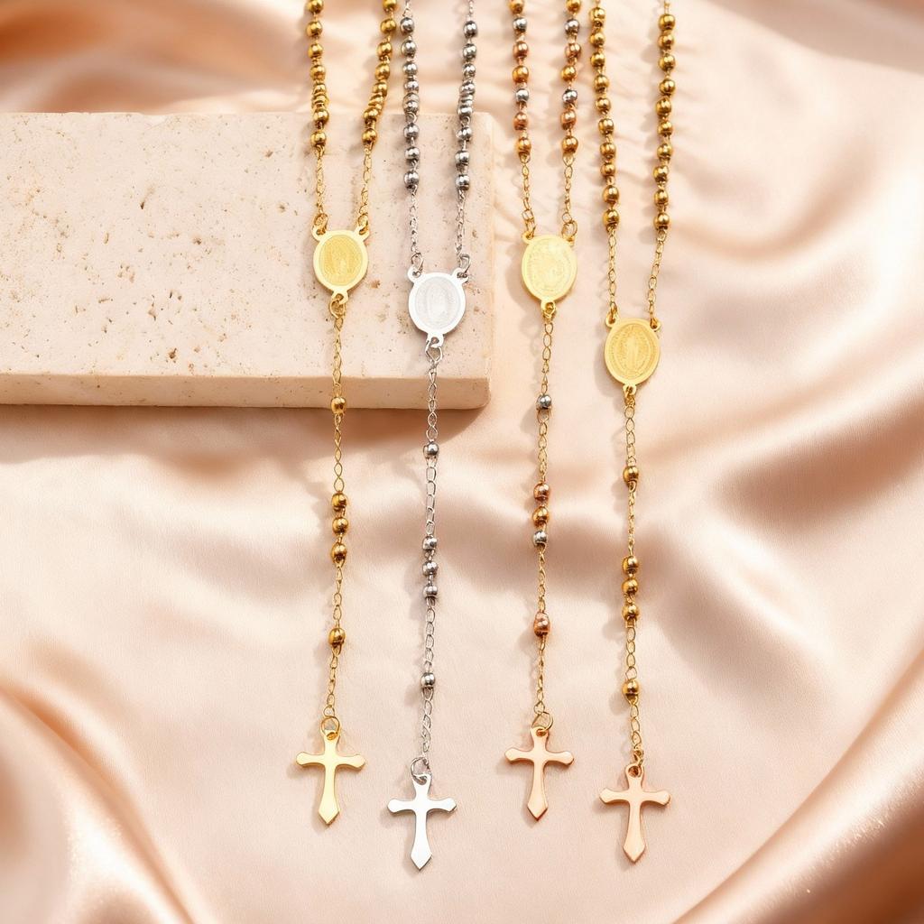 Women's Stainless Steel Rosary Virgin Cross Drop Necklace, Bead Chain Prayer Y-shaped Necklaces, Exquisite Religious Jewelry