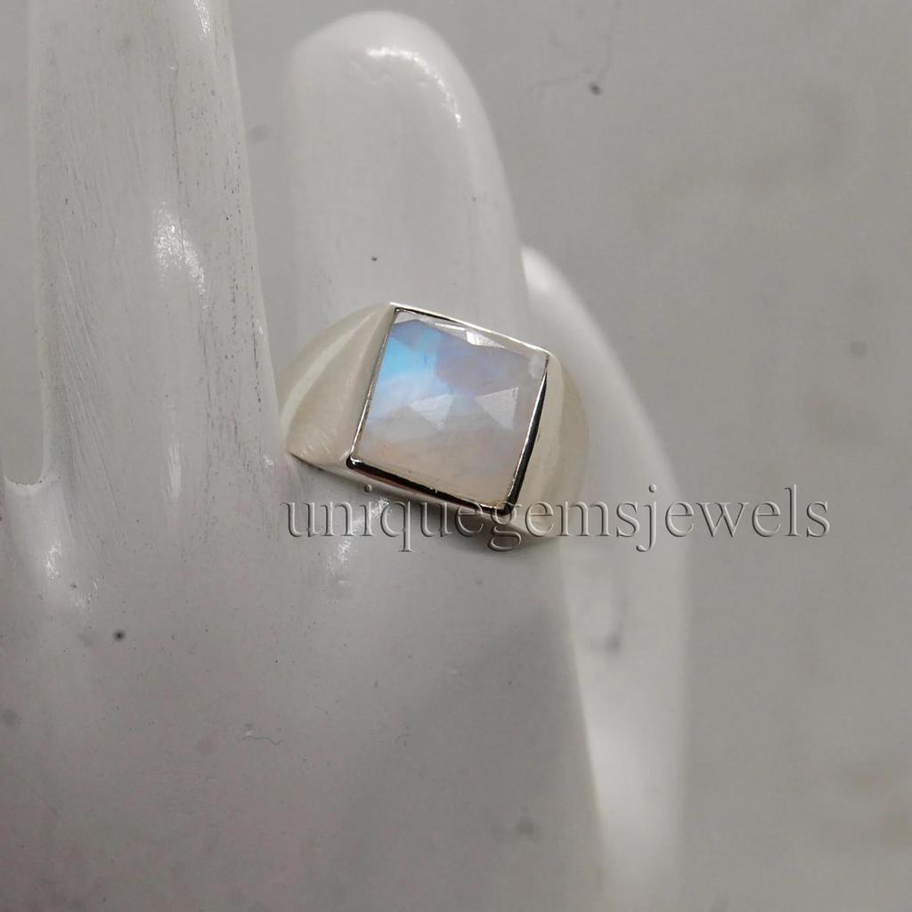 Square Rose Cut Blue Fire Rainbow Moonstone 95 Sterling Silver Ring Jewelry, Unisex Handmade Artisan Gift Ring