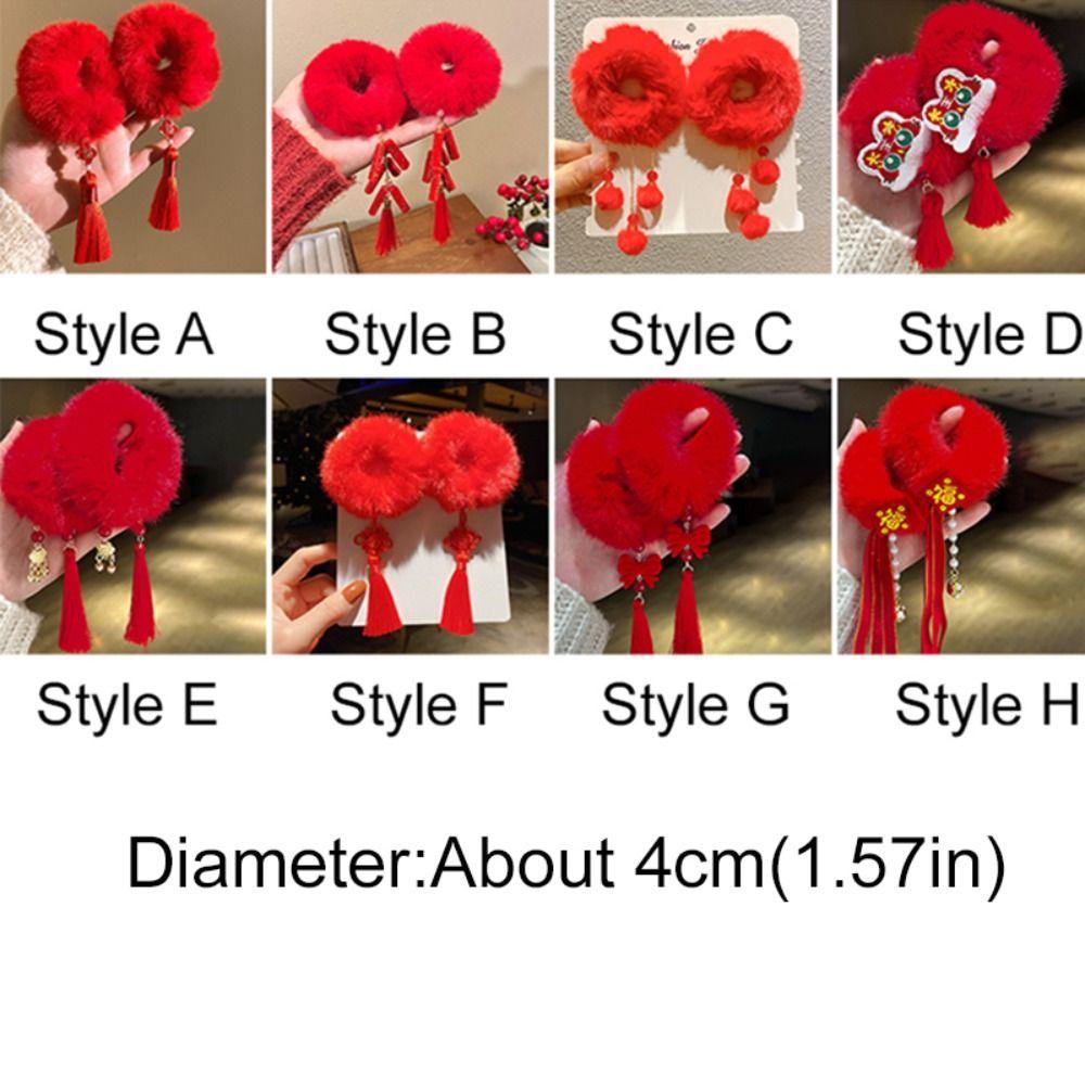 2pcs Ancient Style New Year's Red Plush Hair Rope Elastic with Tassel Chinese Children Hair Band Universal Elastic Hair Bands