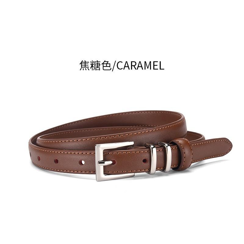Womens Genuine Leather Belt With Pin Buckle Slim 3cm Width Caramel Brown Business Casual Office Wear