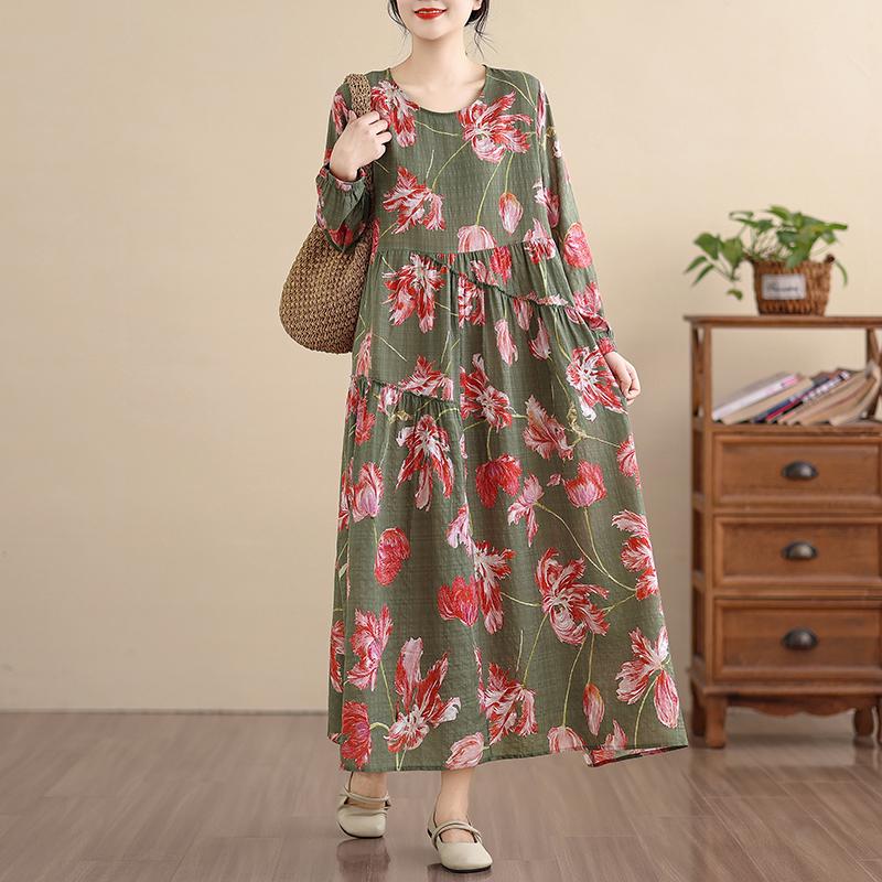DIMANAF New 2026 Women Vintage Plus Size Spring Summer Long Dress Loose Oversize Long Sleeve Maxi Floral Print