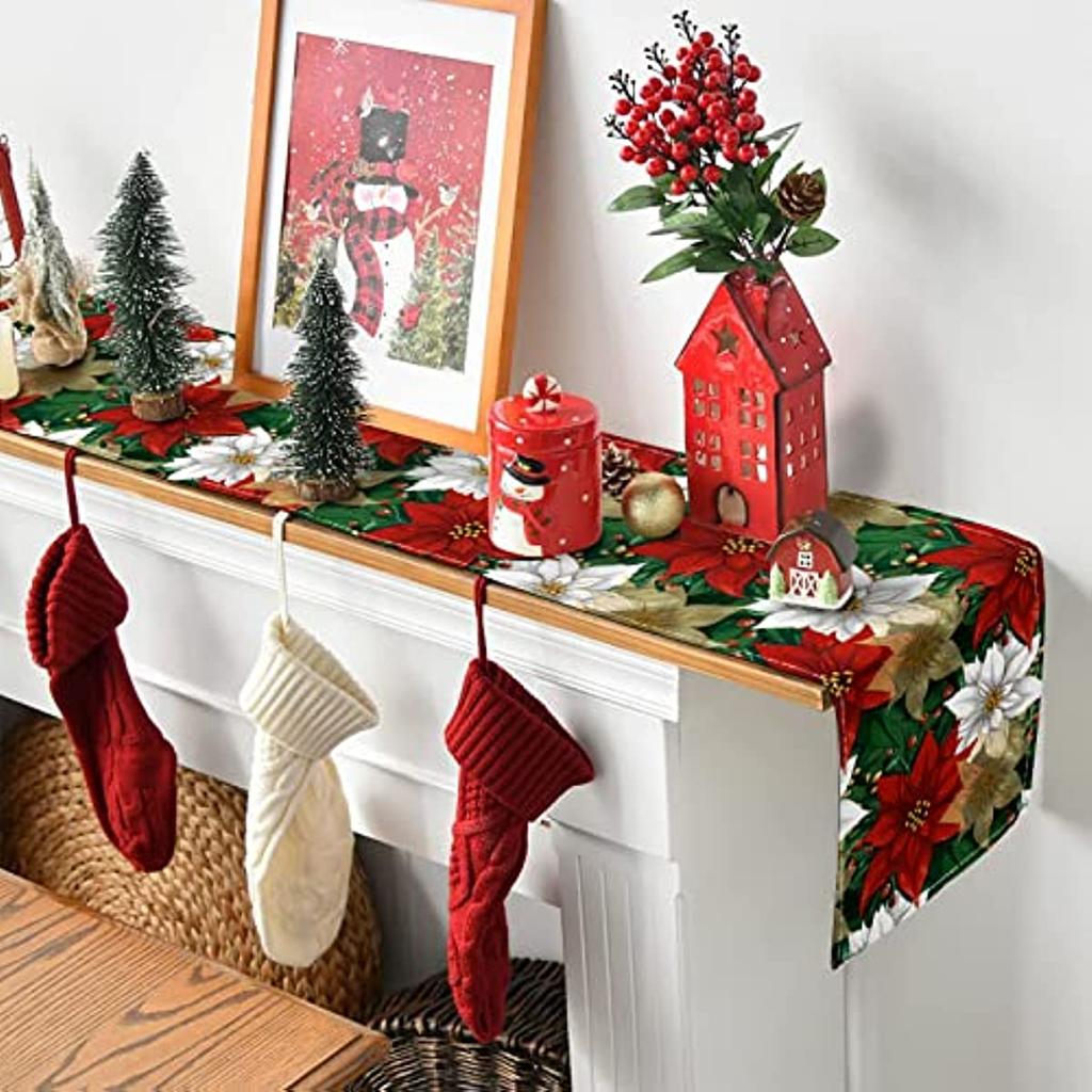 Weihnachts-Poinsettia Tischläufer Leinen Künstliche Küchen-Esszimmer-Dekoration Für Innen- und Außenbereich Zuhause Hochzeitsparty