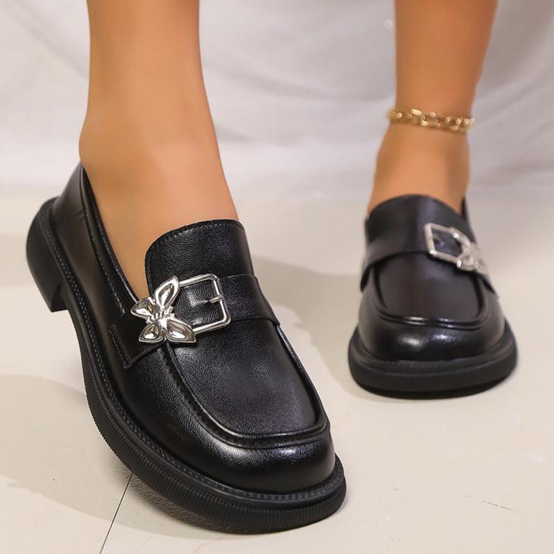 Britischer Stil Schwarz Niedrige Absätze Arbeitsschuhe Damen Lässige Abgerundete Flache Pumps für Frauen Büro PU Leder Ballerinas Schuhe Frau