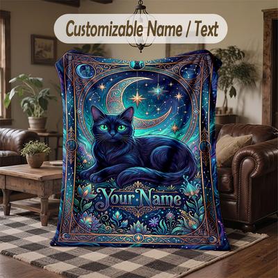 Ethereal Cat Dreamscape Theme Throw Blanket Custom Name Text Personalized Blanket Soft Cozy Blanket for Home Sofa Bed