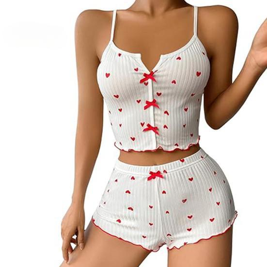 2 Pcs/Set Women Vest Shorts Suit Bow Heart Print Sleeveless Shirring Top High Waist Short Trousers Homewear Loungewear Outfit Summer Sleepwear