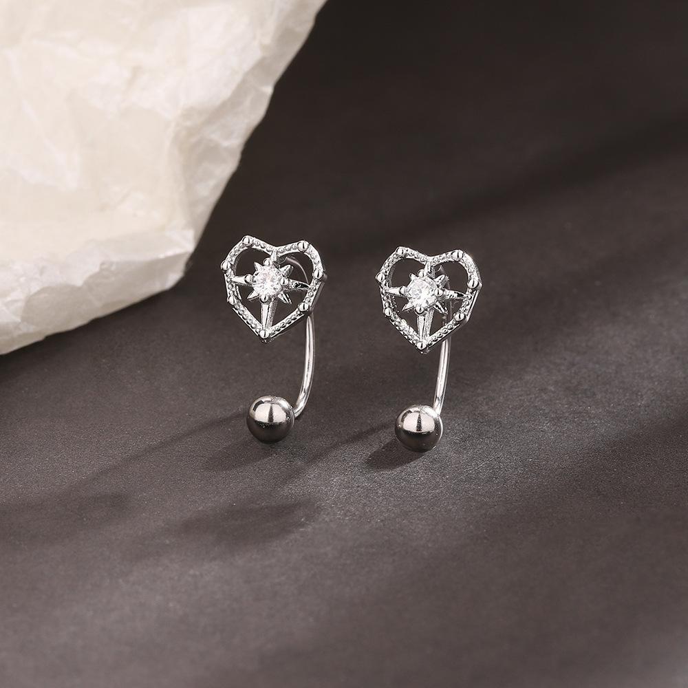 S925 Plated Silver Earrings Eight Star Screw Ear Nails Exquisite Heart-shaped Ear Hook Hollow-out Rice Word Love Zircon Earrings Female