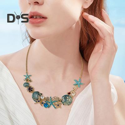 Exaggerated Women Necklace Ocean Theme Starfish Coral Shell Faux Pearl Rhinestone Decor Adjustable Length Lady Vacation Beach Neck Jewelry