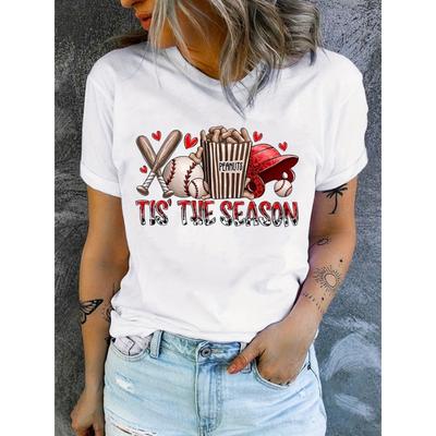 T-shirt z nadrukiem sezonu baseballowego Letni damski top z krótkim rękawem Koszulka uliczna Biały Wszechstronny Okrągły dekolt Odzież damska