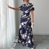 Women's Fashionable Round Neck Short Sleeved Floral Print Waist Cinched Bohemian Dress