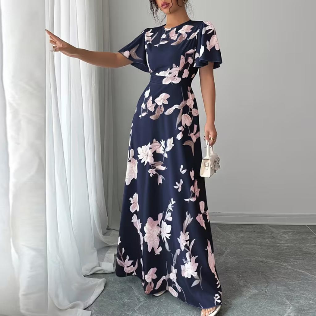 Women's Fashionable Round Neck Short Sleeved Floral Print Waist Cinched Bohemian Dress