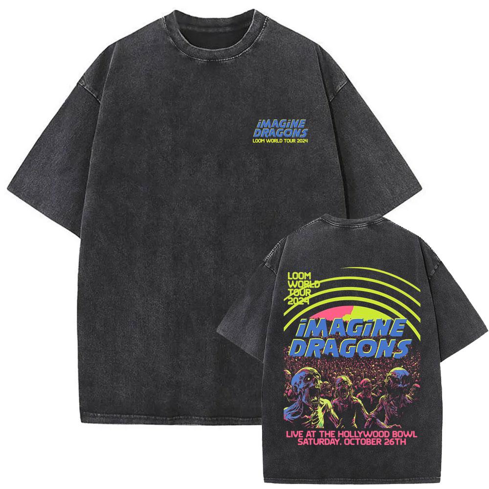 Rock Band Imagine Dragons Loom World Tour Vintage Washed T Shirt Skeleton Print Tshirt Men Women Gothic Metal Oversized T-shirt S