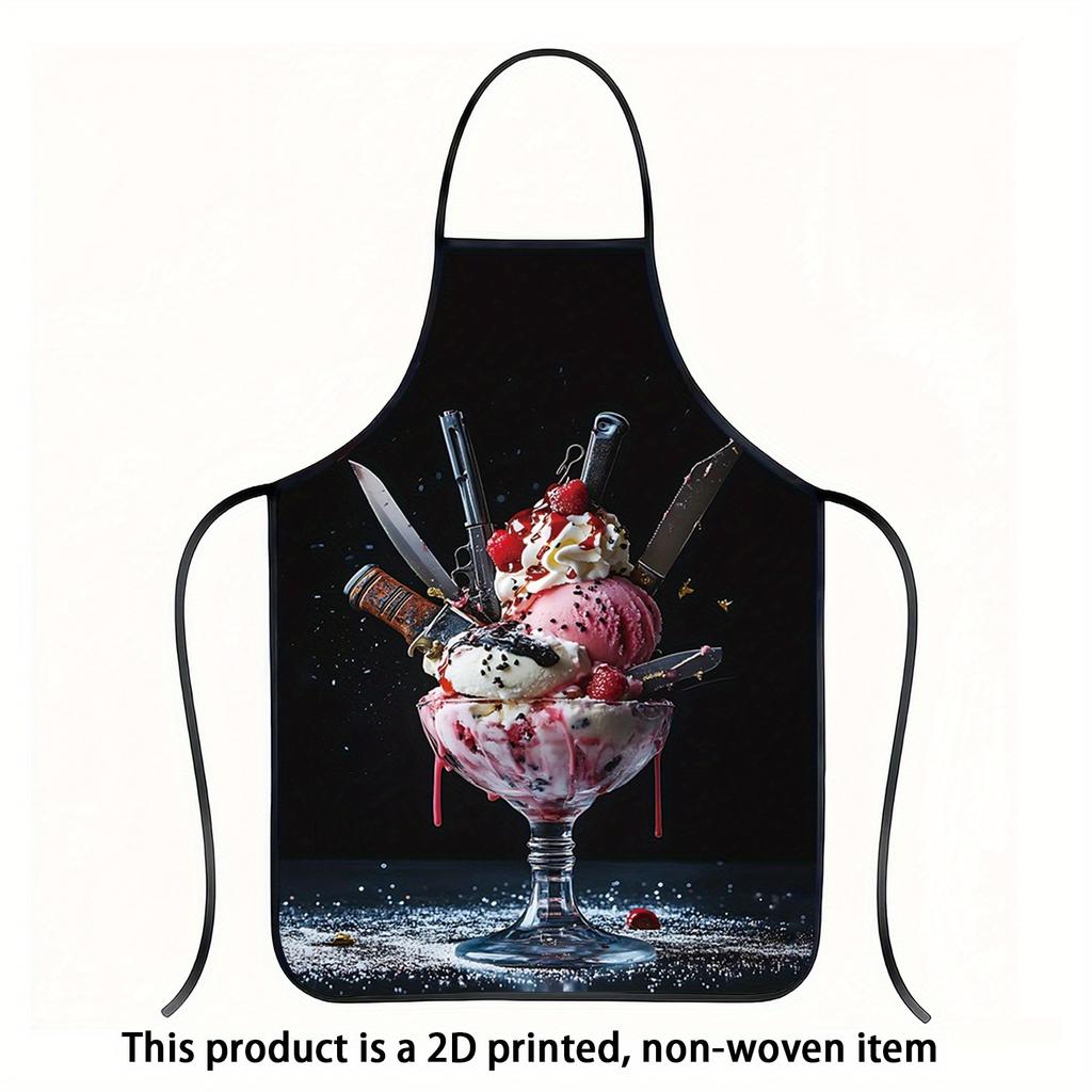 1pc Funny Kitchen Apron - Ice Cream Sundae with Swords Design, Easy-Clean Polyester Apron for Cooking, Baking, Birthday Parties, Dessert Shops - Novel