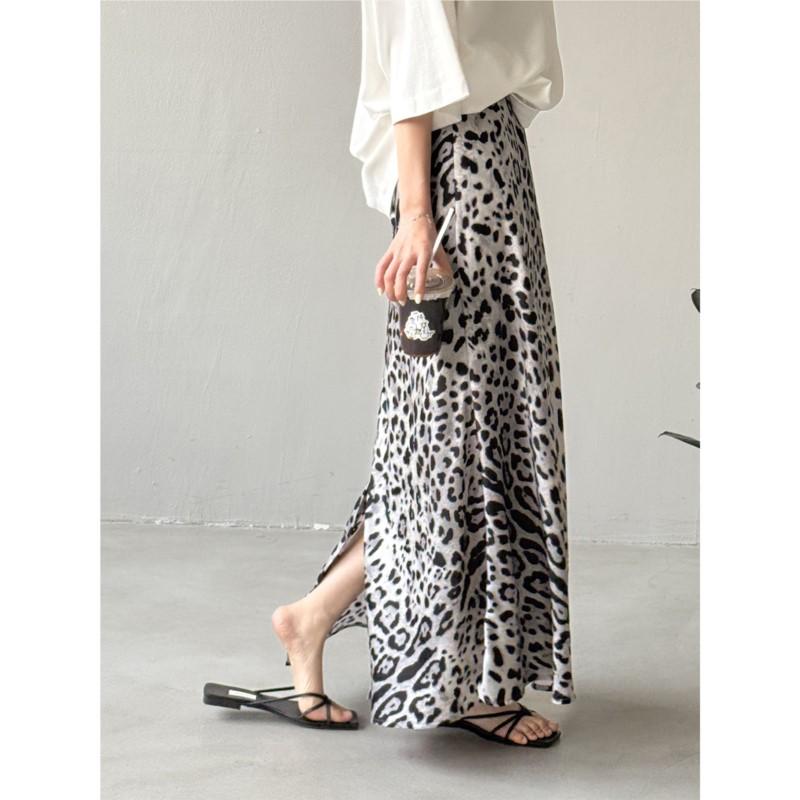 Johnature Summer Light Leopard Print Slit Skirts Women Summer Casual Loose Skirts
