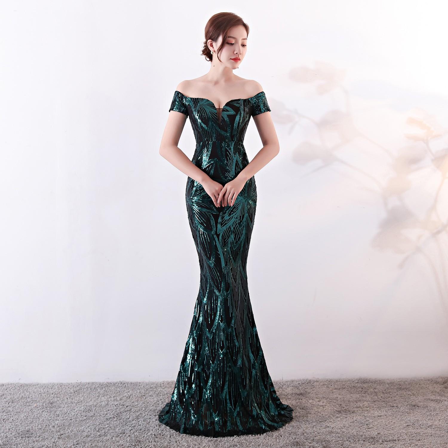 2026 new sequined evening dress European and American long fishtail slim and thin banquet temperament host dress S