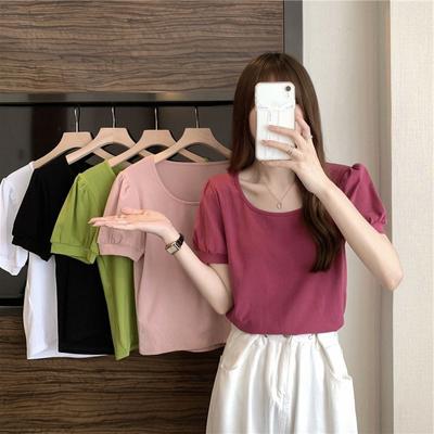Puff Sleeve T-shirt for Women In Summer New French Design Low Round Neck Slim Fit Short Sleeve Student Top