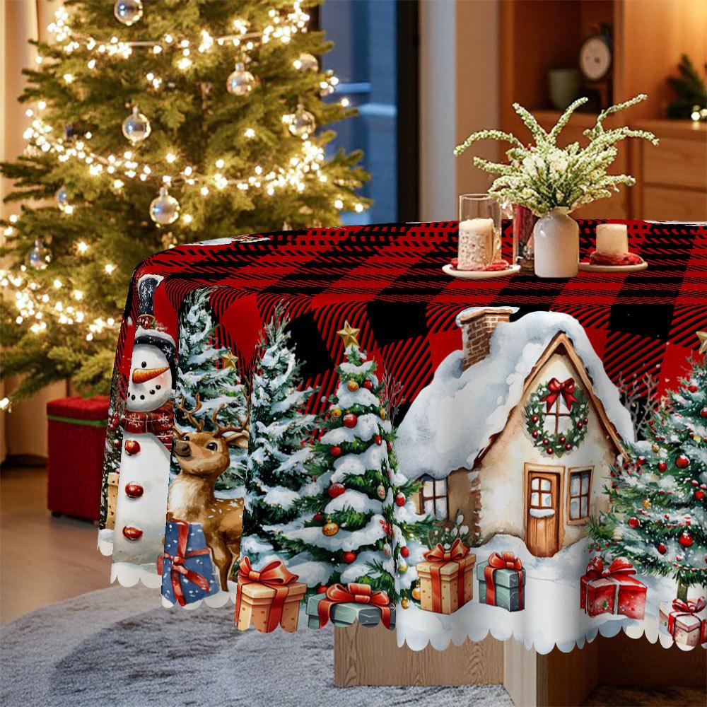 Creative Christmas Round Tablecloth Red And Black Plaid Snow Print, Snowman Christmas Tree Pattern Dining Table Coffee Table Table Flag