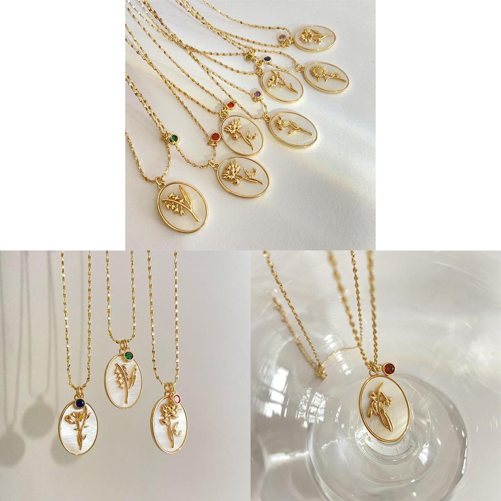 Birthstone Necklace For Women With Mother Of Pearl Flower Pendant And Dangle Charm For Birth Month Gift