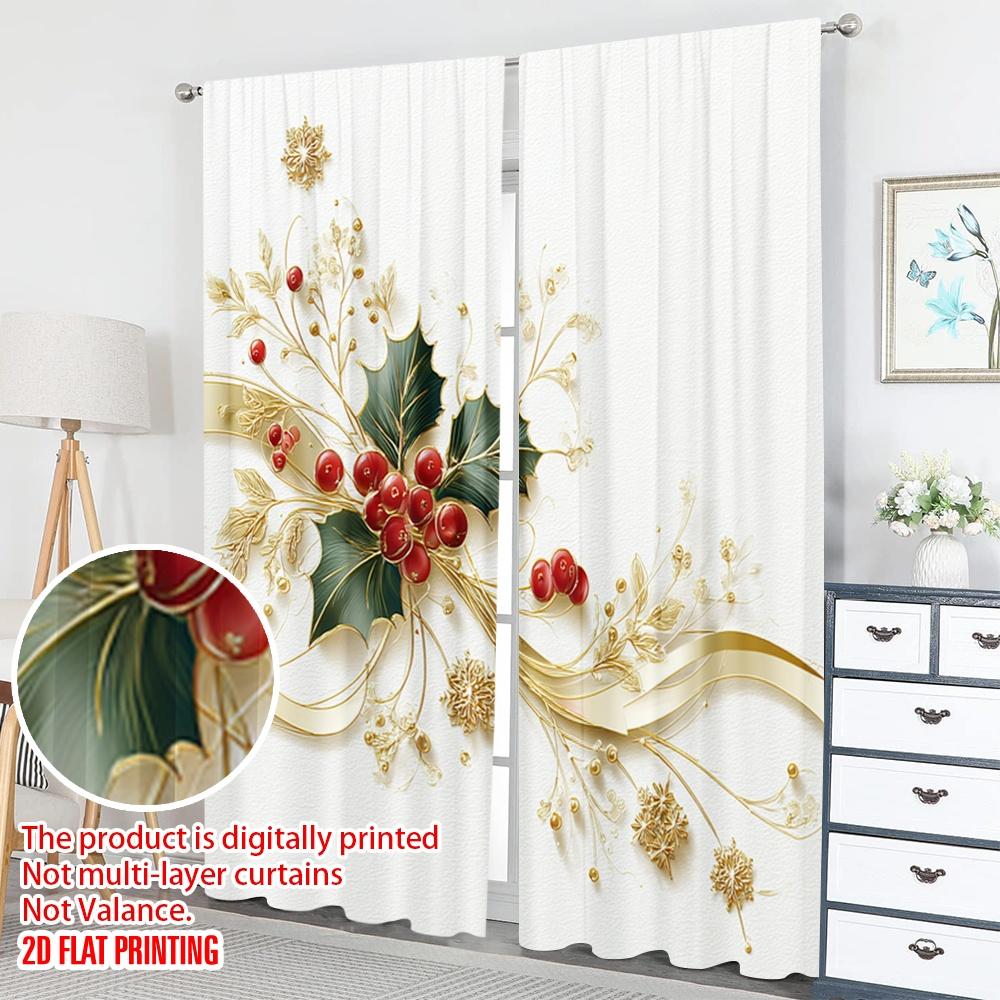 2pcs 2D flat printing Merry Christmas Trendy Curtains Christmas Holly Berries Snowflakes Digital Printed Polyester Drapes Party