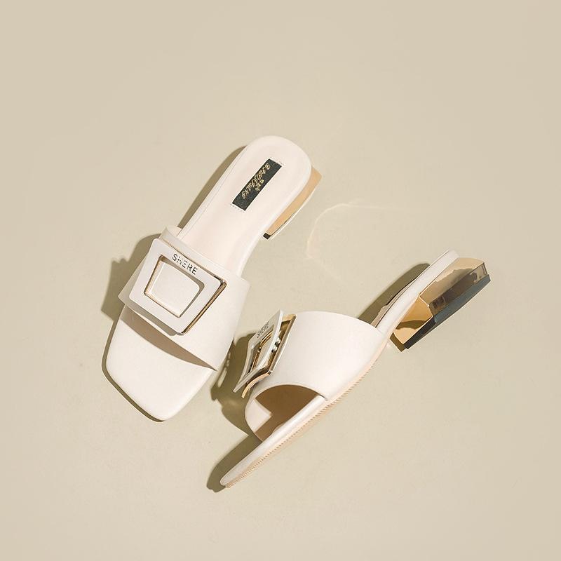 Fashion square buckle low heel slippers women solid leather flip flops metal heel ladies outdoor slides summer shoes sandalias de mujer