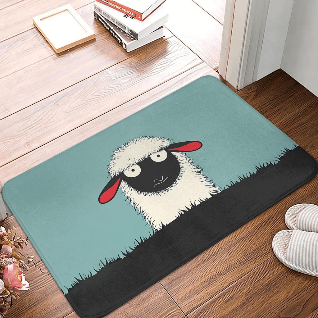 Sheep Illustration Doormat Teal Black Red Printed Polyester Machine Washable Cold Water Only 80x50cm