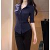 Sexy Hemd im koreanischen Stil mit Revers und langen Ärmeln - 2026 Frühling/Herbst Kurzarm-Top für Damen