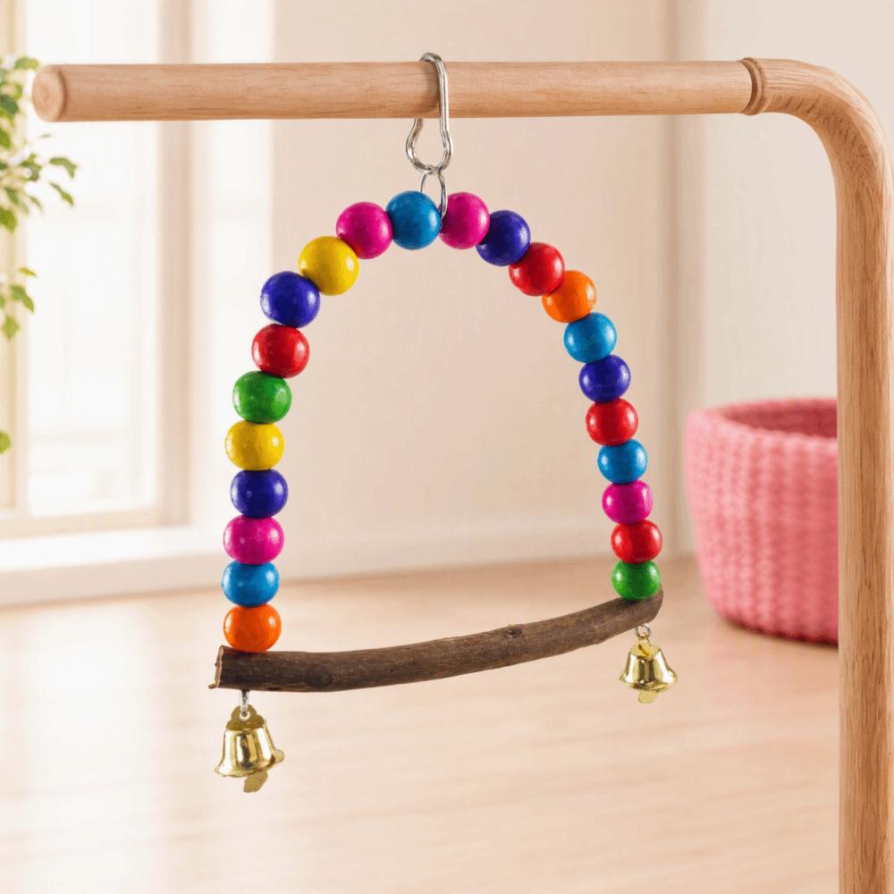 Colorful Design Bird Swing Toy Wooden Perch With Bells Parrot Hanging Toy Hanging Design Wooden Perch Swing Cage Accessories