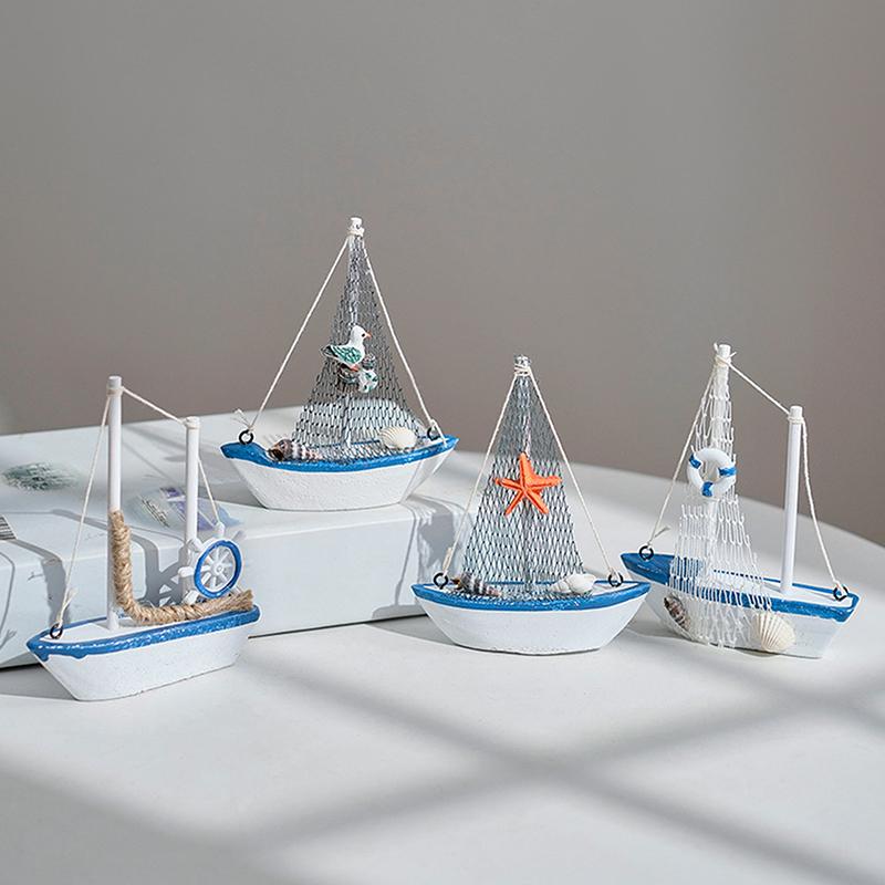 Mini Mediterranean Style Marine Nautical Wooden Blue Sailing Boat Ship Wood Crafts Sea Ornaments Party Room Home Decoration