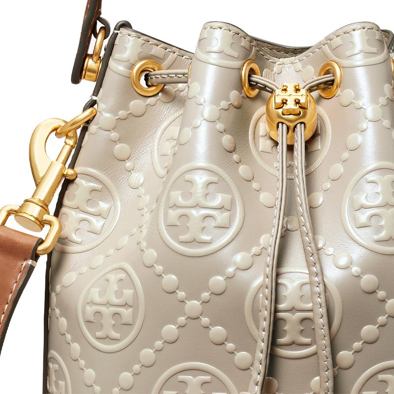 Tory Burch T Monogram 21 Drawstring Closure Detachable Shoulder Strap Leather Bucket Bag Women bags Longan-Brown Cream-White 146294-020