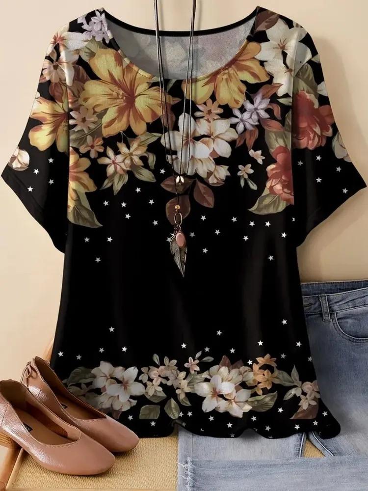 Summer women's printed pattern T-shirt casual short sleeved top fashionable women's round neck T-shirt