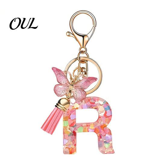 Kompaktes Schlüsselanhänger-Anhänger in Rosa-Serie, Pailletten Herz Initialen-Buchstaben-Anhänger Schlüsselkette mit tragbarem Schmetterlings-Quasten-Design, A-Z Halter für Tasche