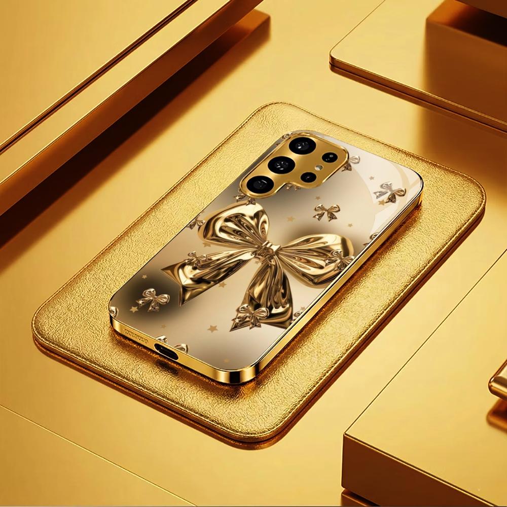 Exquisite Golden Bow Tie Phone Case S26 Ultra Case S25 Ultra Case Glass for Samsung Galaxy S26 S25 S24 S23 S22 FE Ultra Plus