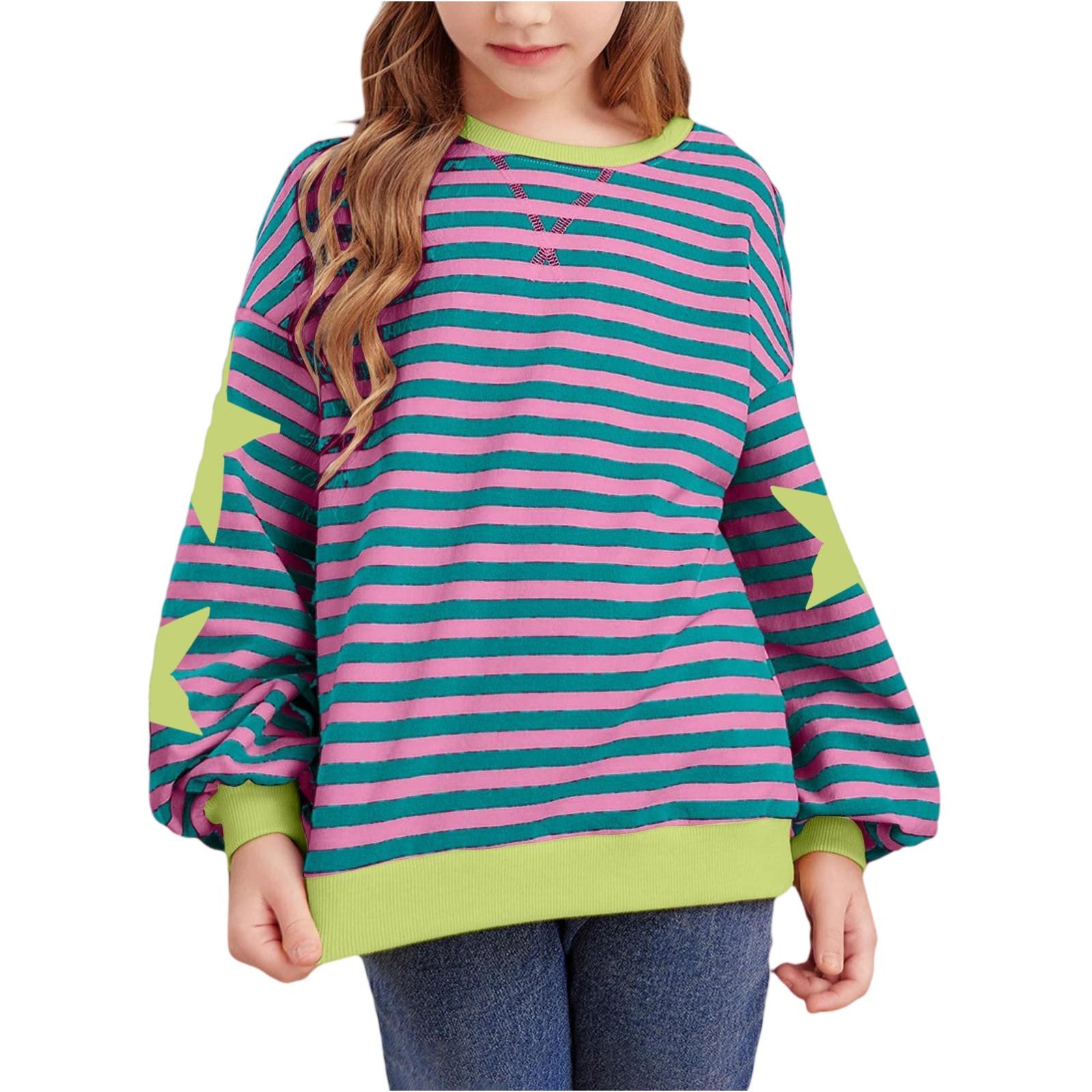 

Girls Striped Color Block Tee - Loose Fit Loungewear Top 160