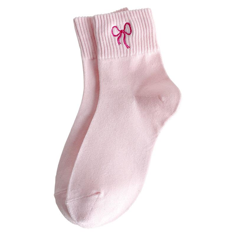 Socks, Pink Socks, Summer and Spring Mid-length Cotton Socks with Sweet Bows and Embroidery for Moisture Absorption and Odor Prevention.