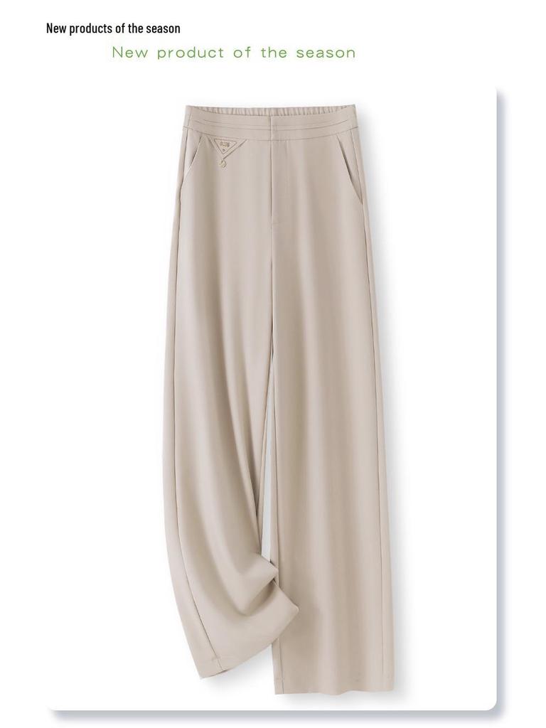 2025 Spring Women's High-End Wide-Leg Black Drape Pants - Casual High-Waisted Straight-Leg for Spring & Autumn