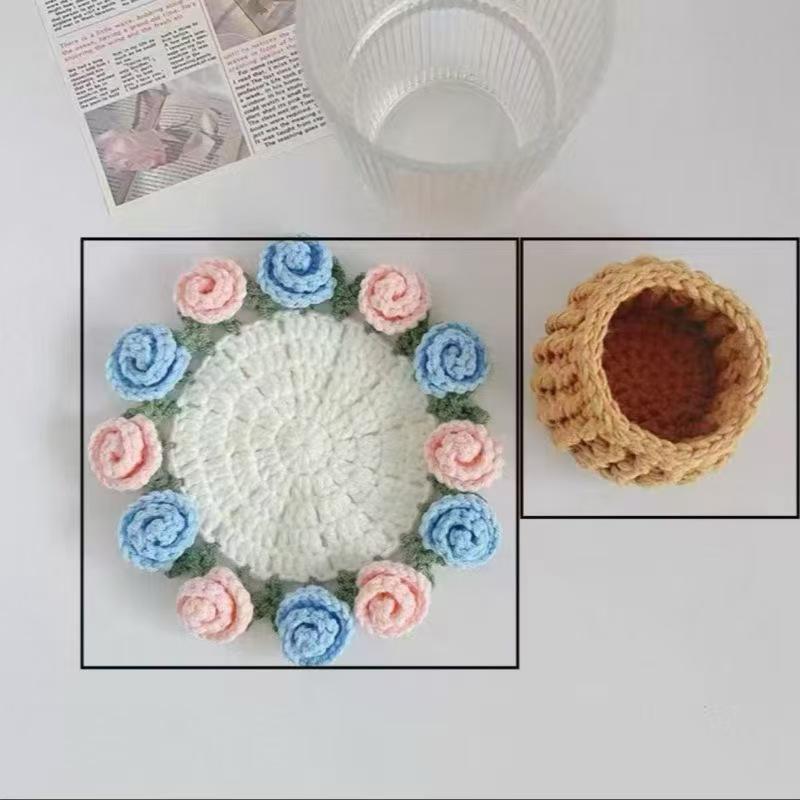 

Crochet Floral Coasters Set Table Decorations Bouquet Coasters Potted Plant Decor Handmade Crafts Table Mat Kitchens Accessories coasters and flowers&Round