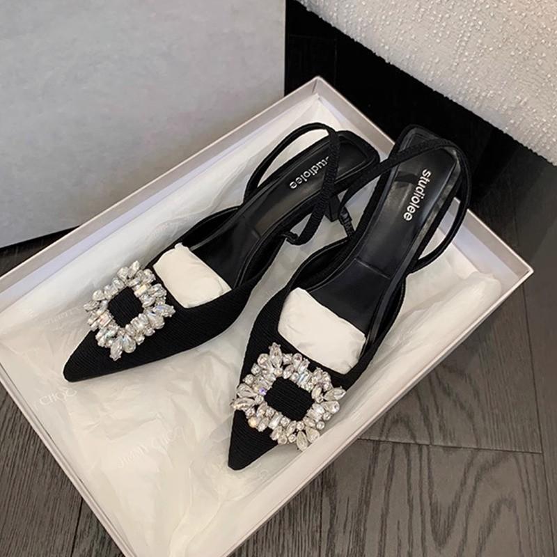 

Sheepskin~ Rhinestone square buckle bag head sandals women s French thin strap high heels pointed back empty shallow mouth single shoes 34