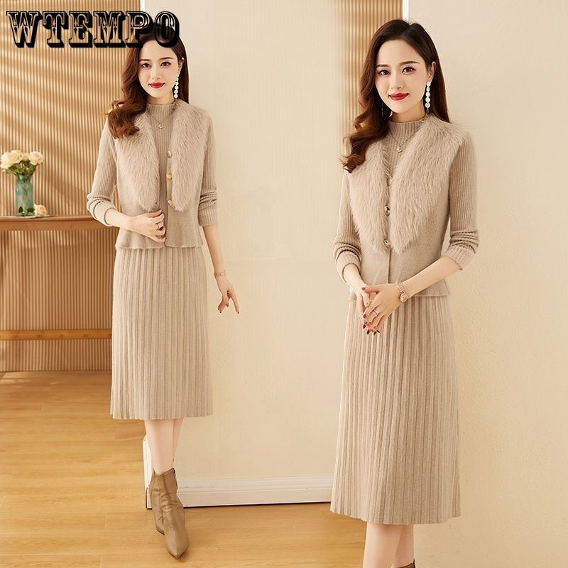 Two-piece Knitted Dress Set for Women Solid Color Long-sleeved Sweater Casual Pullover Warm Pullover Dress Knitwear