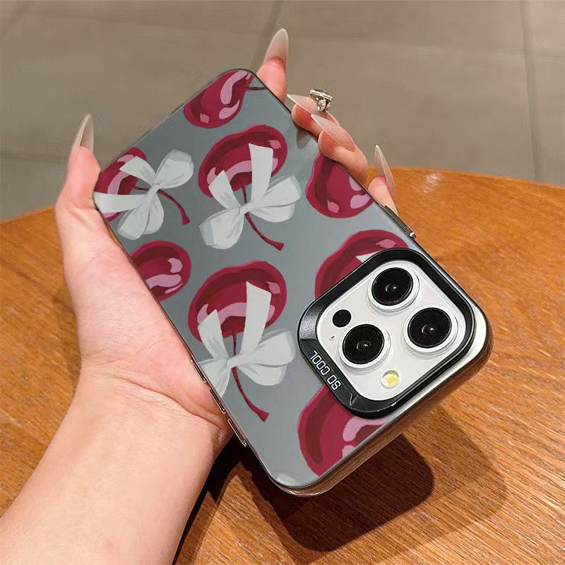 Cherry Color Silver Shell Bow Phone Case for Apple 17/16/15 Pro, 14 Pro Max, 13/12 Cross