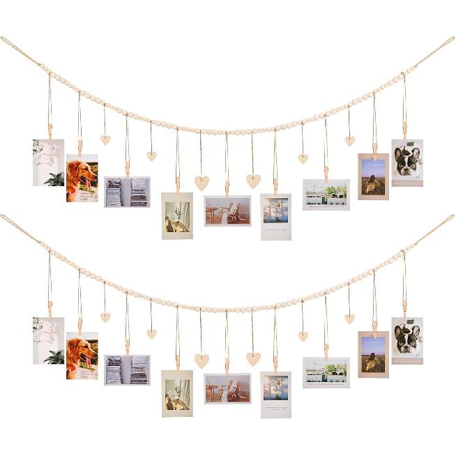 KLOGTSIND Hanging Photo Display with Clips, 9 Wood Clips, Boho Picture Frames Collage Wall Decor, Photo Hanger for Office Cubicle Decor, Kids Art