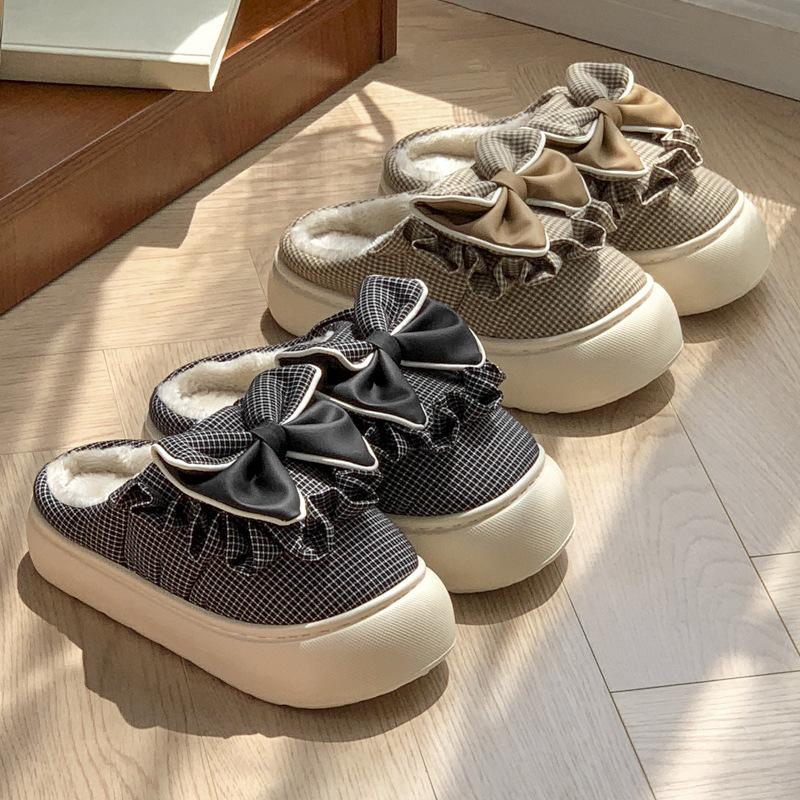 Retro Grid Bow Cotton Slippers Autumn and Winter Home Cute Less Heart Indoor Winter Warm Cotton Mop