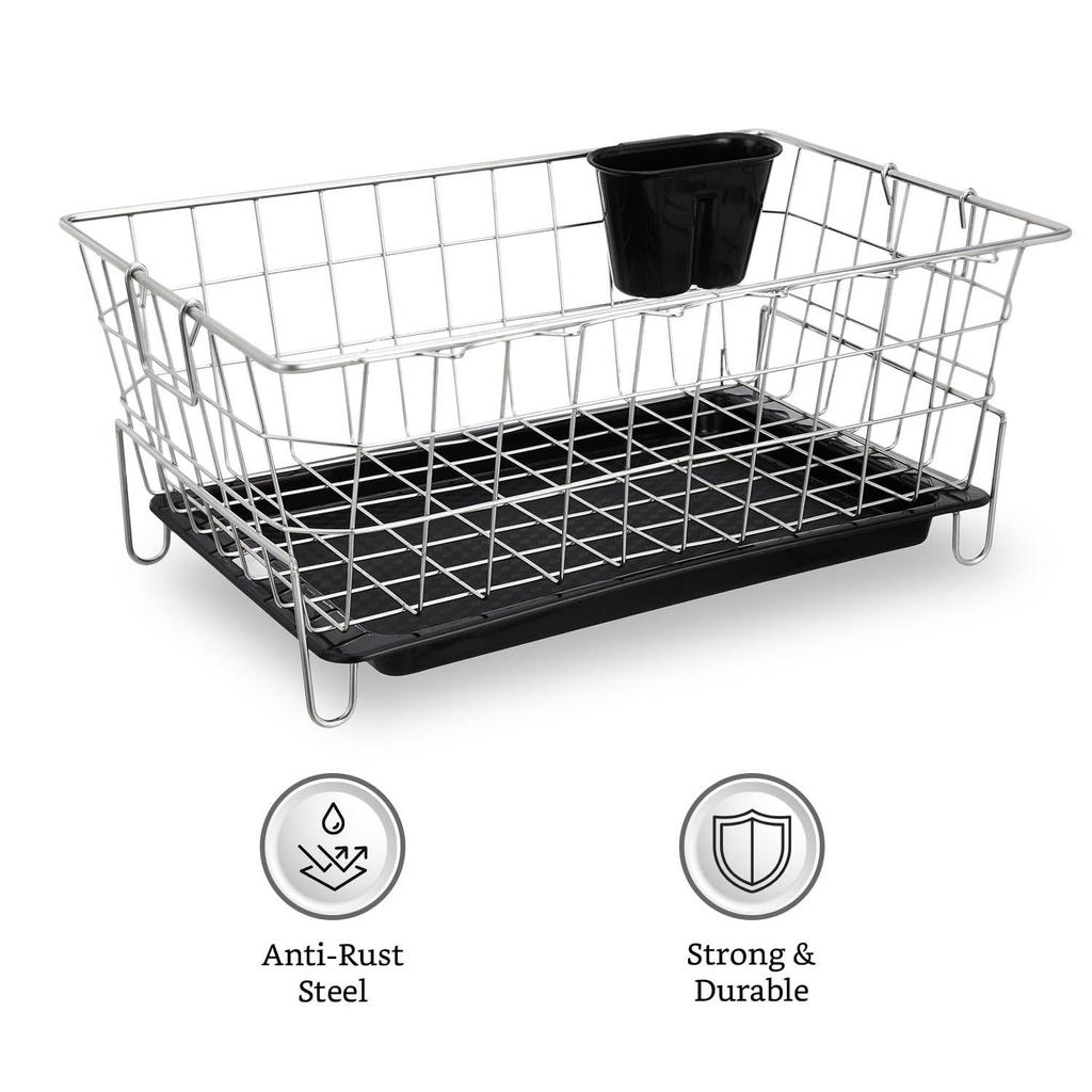Stainless Steel Dish Drainer with Drain Tray | Detachable Cutlery Stand | Utensil Drying Basket Stand