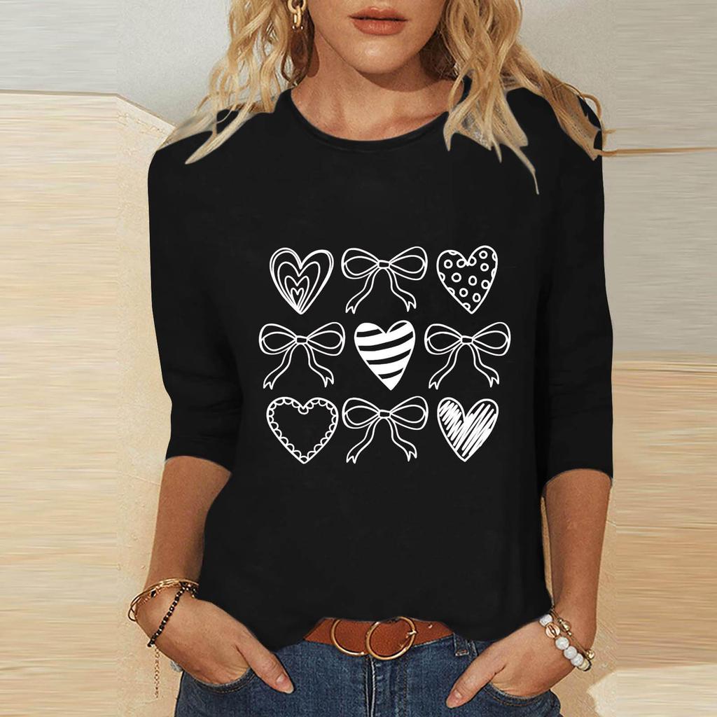 Women's Fashion Casual Three-quarter Sleeve Valentine's Day Printed Round Neck Top