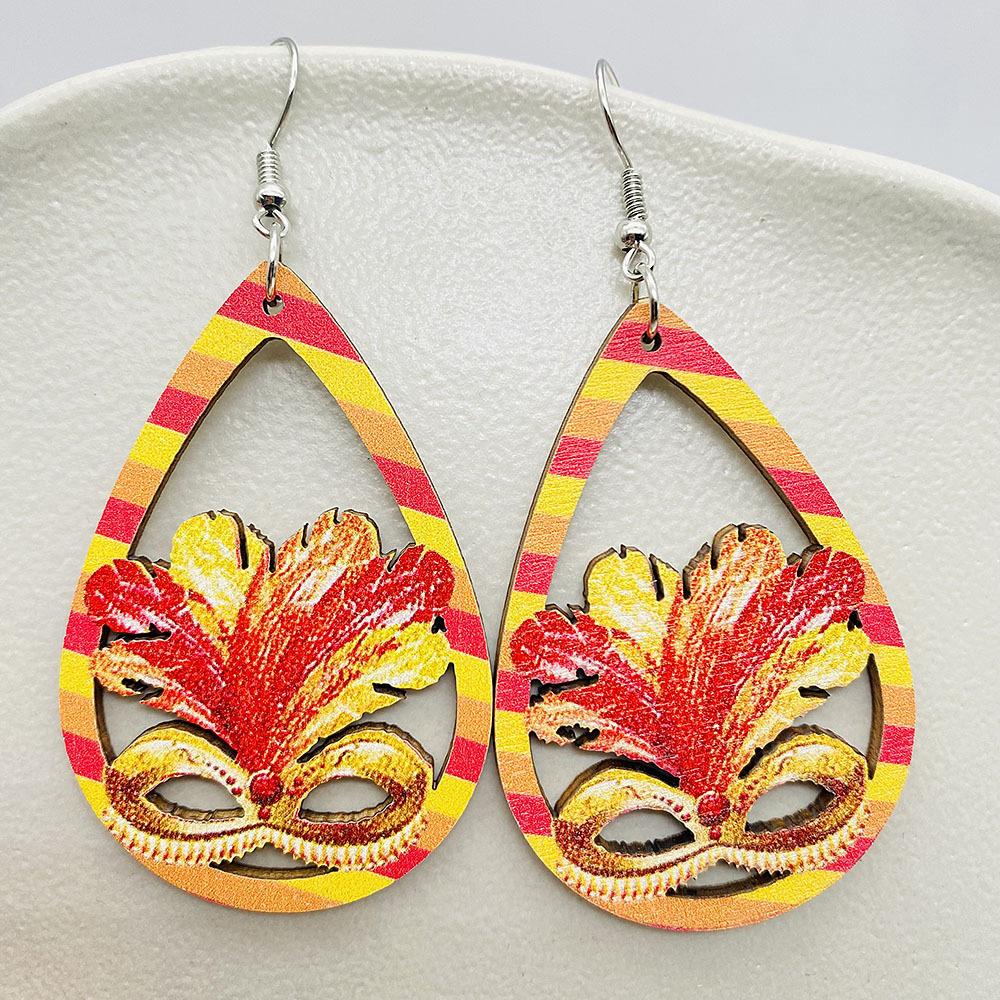Ohrringe Karneval Bunter Festival Schmuck Übertriebene Maske Wassertropfen Hohl Holzohrringe