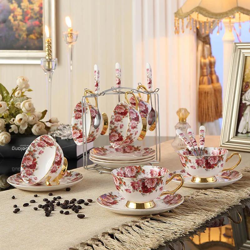 Top-grade British Vintage Rose Bone China Coffee cups set Porcelain Tea Sets Ceramic cups organizer tea party Six-piece Set