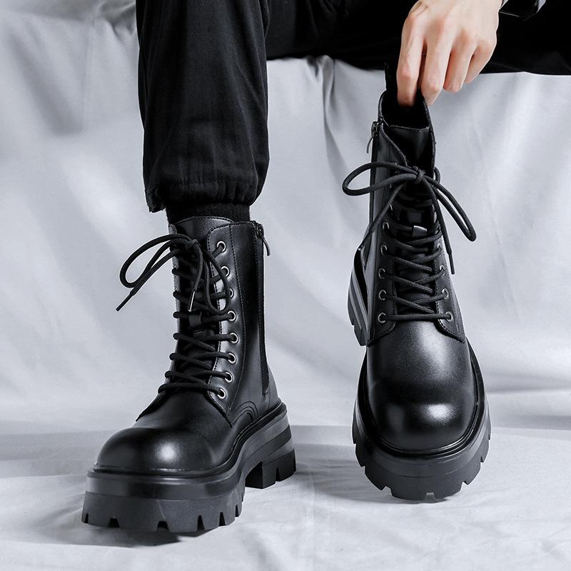 Men Luxury Fashion Platform Boots Lace-up Genuine Leather Shoes Spring Autumn Boot Stage Nightclub Stylish High Motorcycle Botas