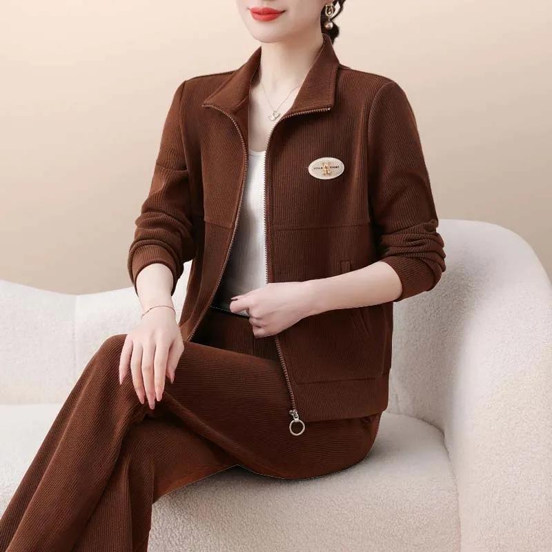 

Модный спортивный костюм для мамы, женский весенне-осенний свитер с воротником-стойкой, кардиган, западный повседневный костюм-двойка XXXXL кофейный