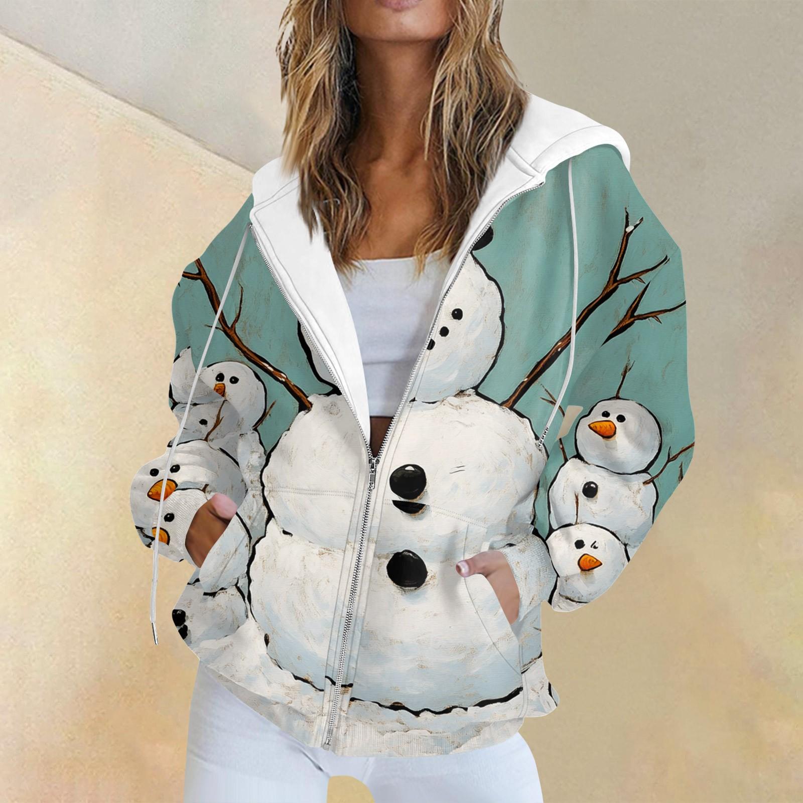 

Женская повседневная рождественская печатная толстовка на осень и зиму с длинными рукавами и карманом на молнии с капюшоном XL