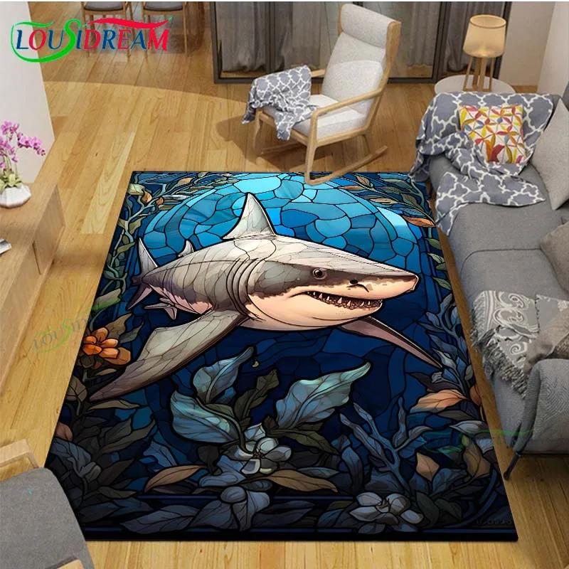 Moderne 3D-Haifisch-Teppich für Wohnzimmer Heim-Sofa-Dekoration, Kinder-Spiel-Dekor Bodenteppich Yoga-Matte Großer Teppich