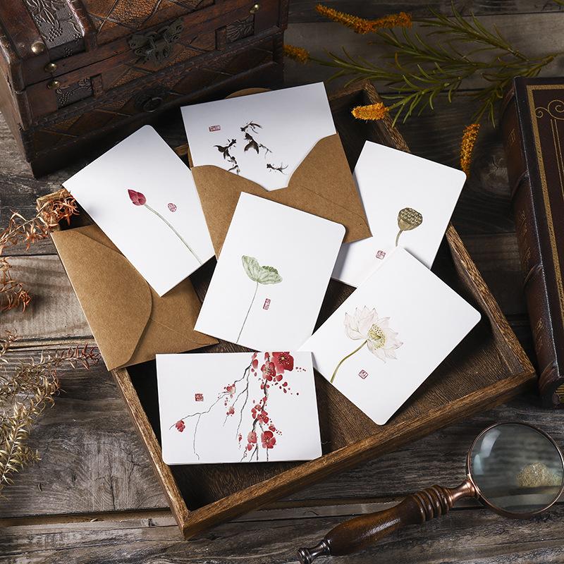 20p Chinese Ancient Style Greeting Card Birthday Gift Handwritten Greeting Card Envelope Ink Wash Postcard Holiday Greeting Card 20pcs