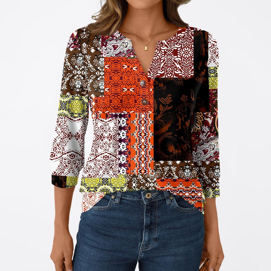 Women's Fashion Casual 3/4 Sleeve T-Shirt Prints V-Neck Button Top